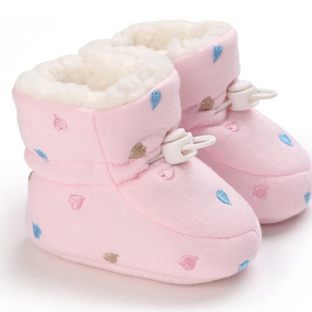 Pink Sherpa Lined Baby Booties with Blue Gold Pink Heart Accents Size 0-6 Months